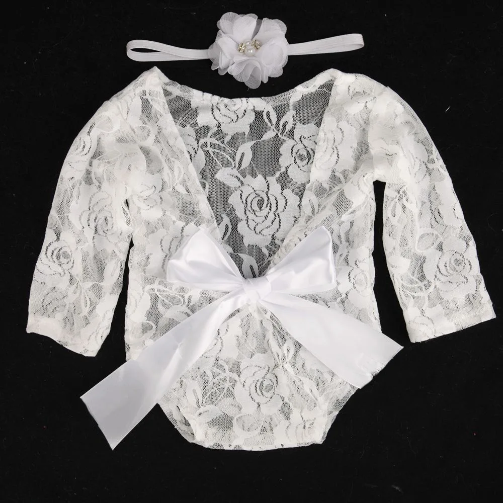 

Wholesale Newborn Baby Lace Long Sleeve Clothes Headband For Infant Photo Shoot