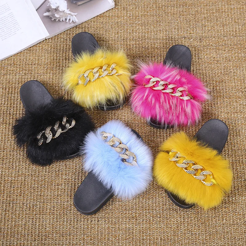 

Dropshipping Fashion Ladies Trendy Sandals Solid Color Plush Chain Open Toe Flat Ladies Outdoor Slippers