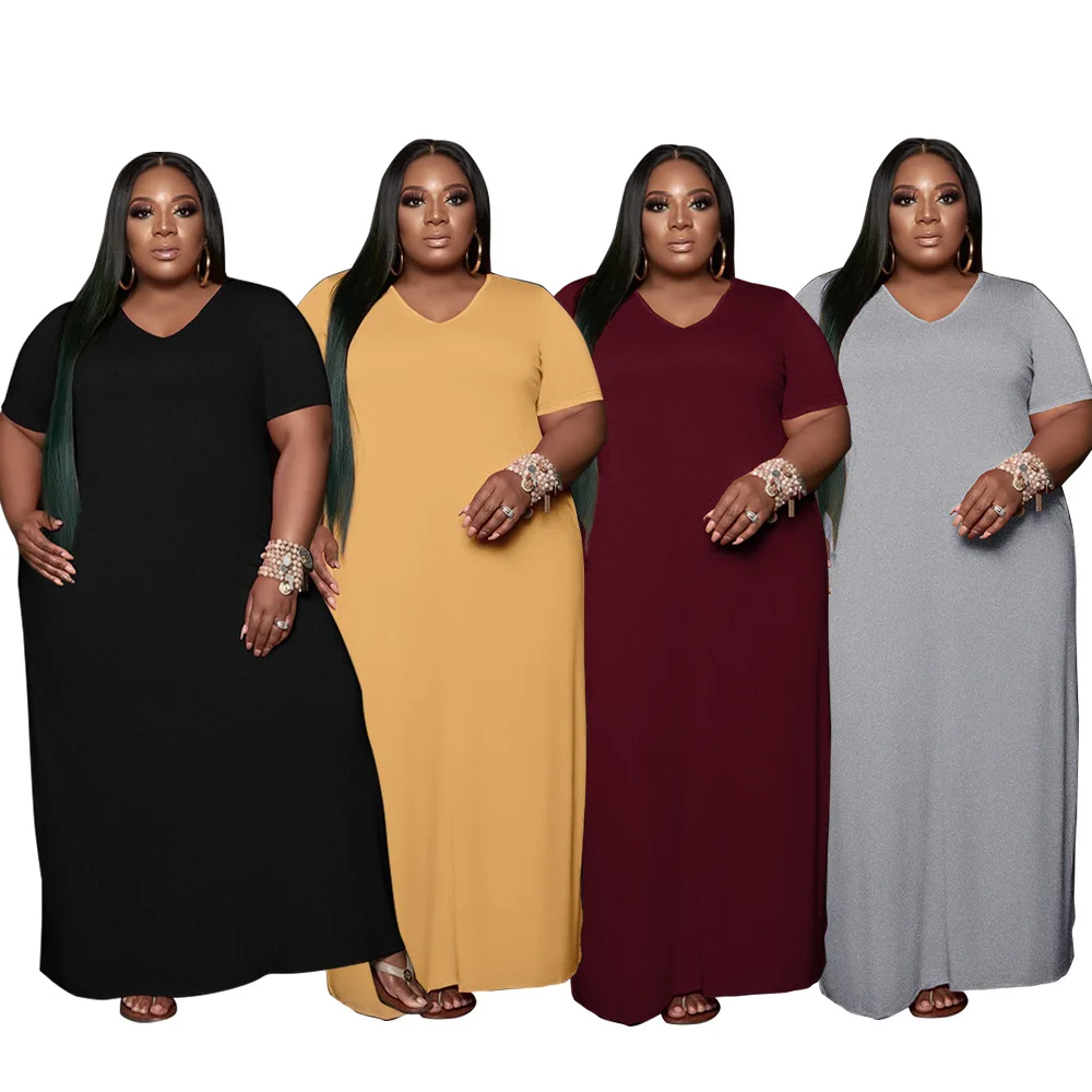 

LW8056 - Summer casual black tshirt maxi dress 4xl plus size women clothing dresses