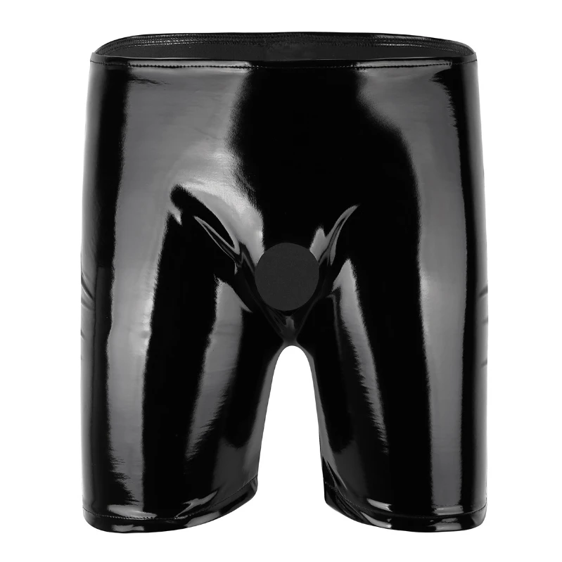 

Fashion Black Patent Leather Shorts Underwear Puls Size Mens Open Hole Long Leg Boxer Short Panties