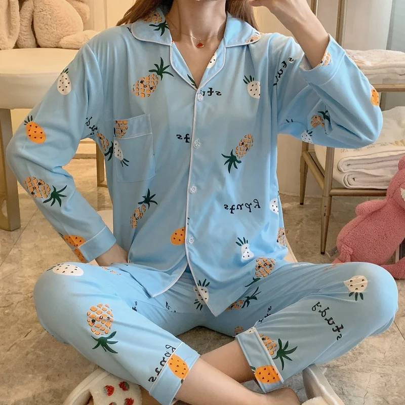 

Autumn women's pajamas sweet cute lapel long-sleeved cardigan milk cotton large size nightdress Long sleeve pajamas