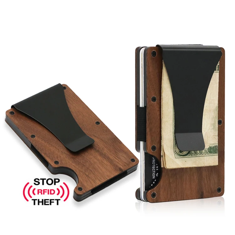 

Newest Minimalist Compact Wooden Anti-RFID Card Holder Wallet with Money Clip for Men, Redoak wood