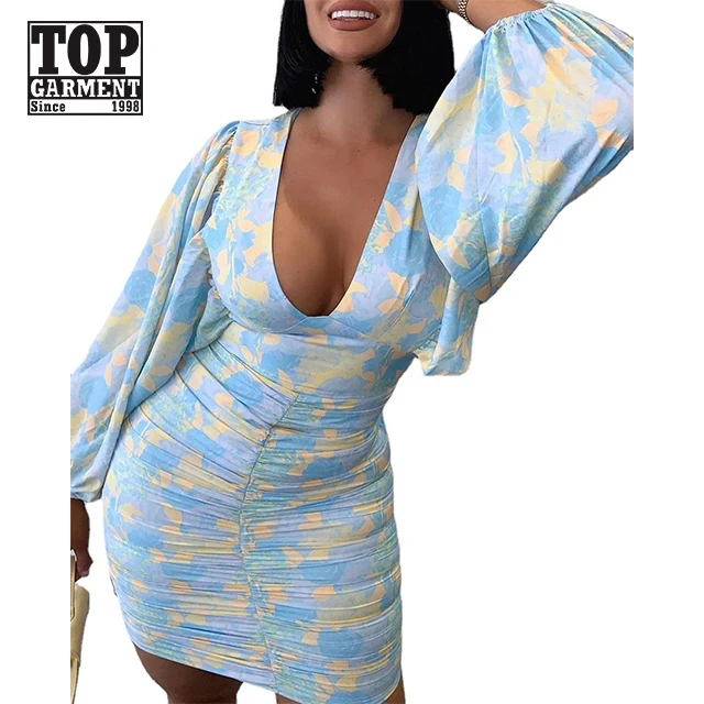 

Lantern sleeve one piece high waist deep v dress party women ladies elegant casual dresses