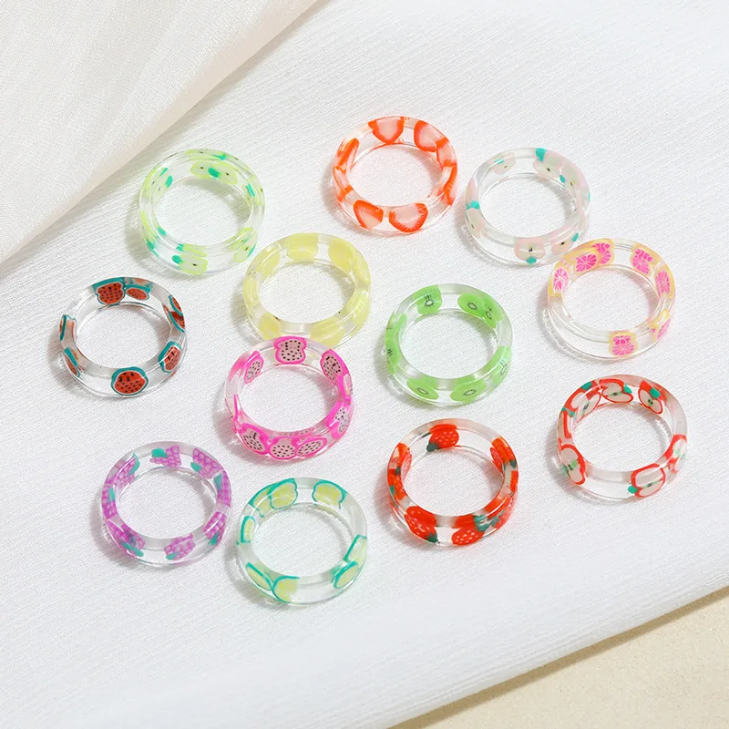 

Summer Colorful Cute Water Plastic Acrylic Resin Fruit Rings for Sweet Girls Transparent Fruit Resin Acrylic Band Rings New 2021