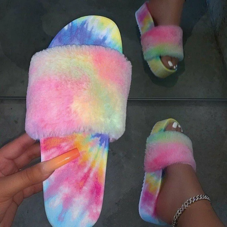 

Summer new hot style women colorful faux fur plush soft girl lady fashion sandals flat ladies slippers in stock, Shown