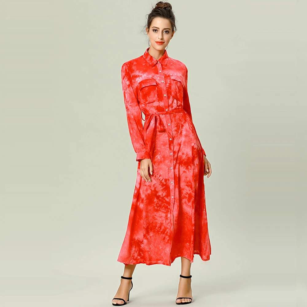 

Elegant women girls ladies a line jean denim floral print midi dress long sleeve red casual pocket button down shirt dresses