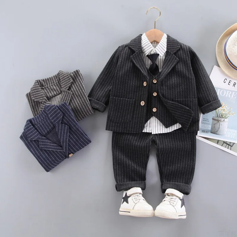 

Striped shirt long-sleeved tie suit for children's vest single-breasted dress jacket four-piece suit, Picture shows