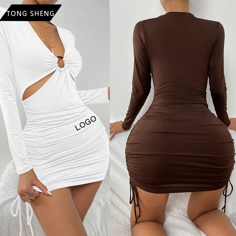

2022 New Style Sexy Deep V Neck Long Sleeve Dress Hollow Out Hip Wrap Drawstring Dress, Customized color