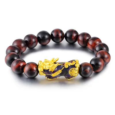 

12mm Tiger Eyes Beads Attract Wealth PiXiu Bracelet Change Color Real Gold Plated Red Tiger Eyes Beads PiXiu Bracelet