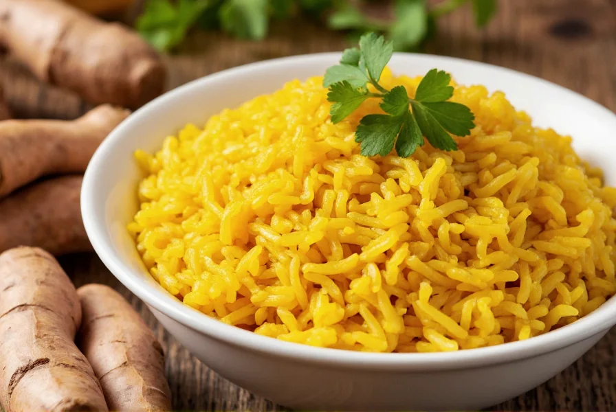 Close-up of golden turmeric rice in white bowl with fresh cilantro garnish and turmeric root on wooden table