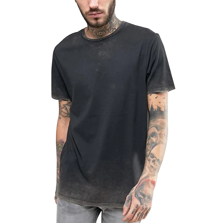 

OEM custom long T-shirt hip hop men's 100% cotton black acid wash vintage t shirt