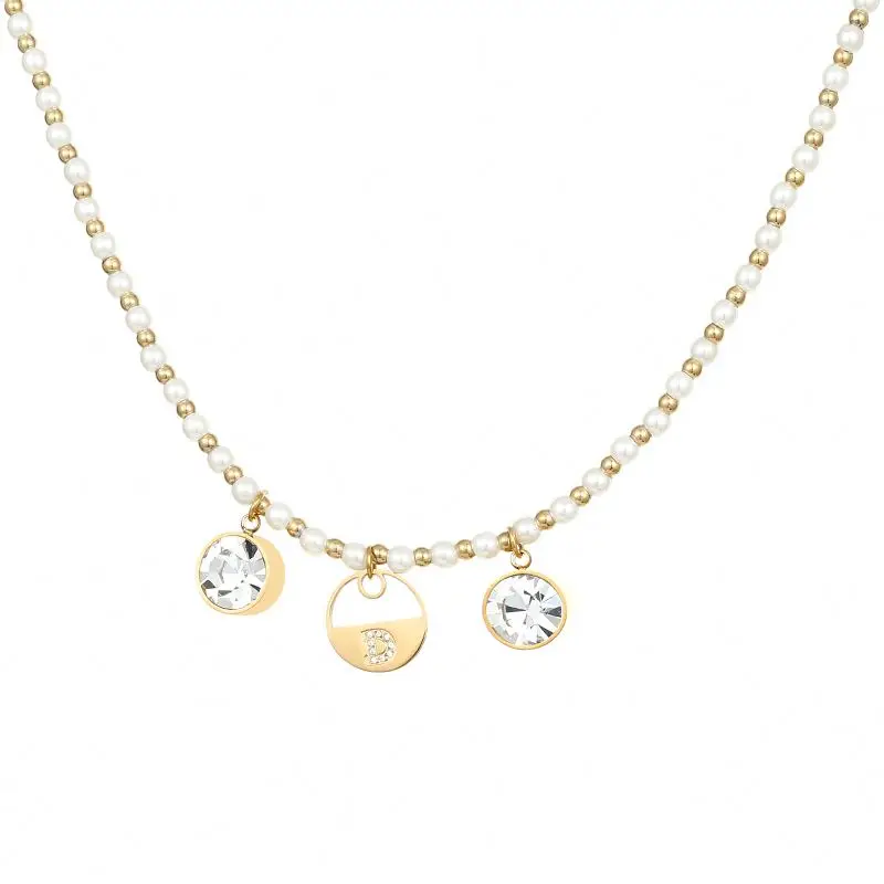 

Latest Design Round Charm Zircons Gold Plated Stainless Steel Beaded Pearl Necklace, Gold color