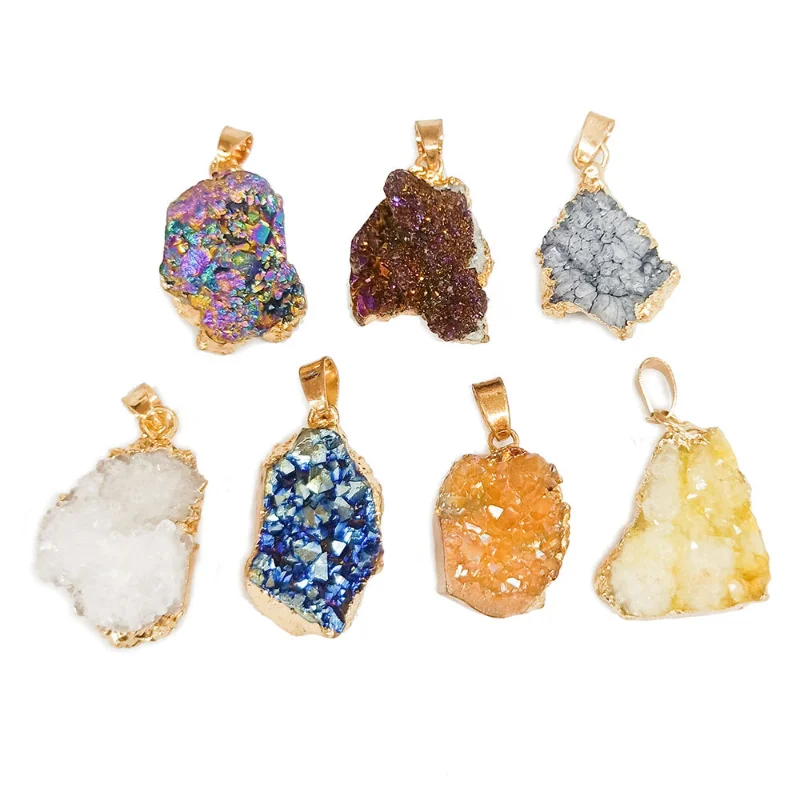 

Wholesale Natural Stone Druzy Pendant Gold Plated Irregular Crystal Cluster Pendant Necklace Gemstone Jewelry