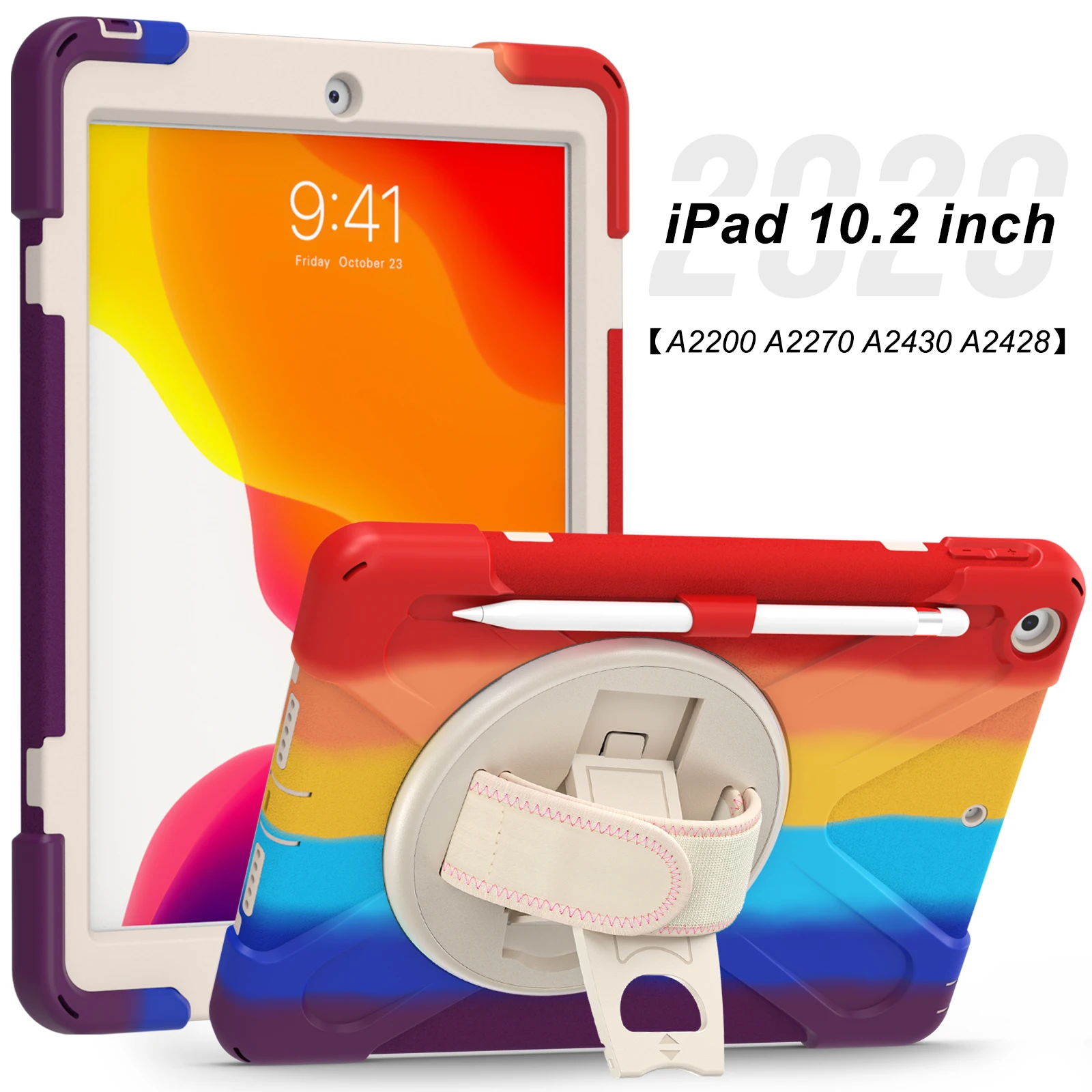 

DHL Free Colorful Symmetry Case For iPad 10.2 2019 2020 Cover Pencil Holder Defender Shockproof Kickstand Hand Strap Shell