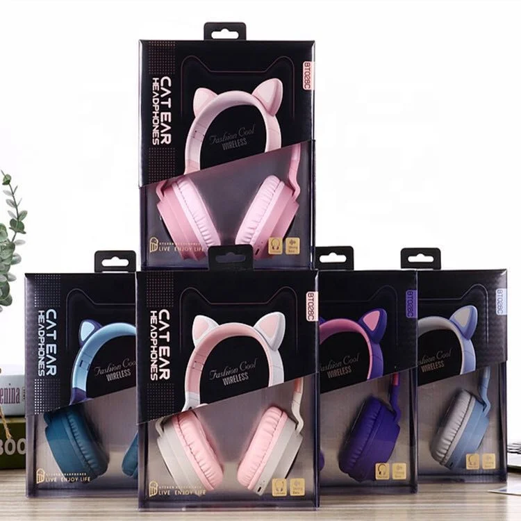 

New Arrivals bass Noise Cancelling LED BT wireless cat ear headphone foldable gaming headphone, White blue green pink black