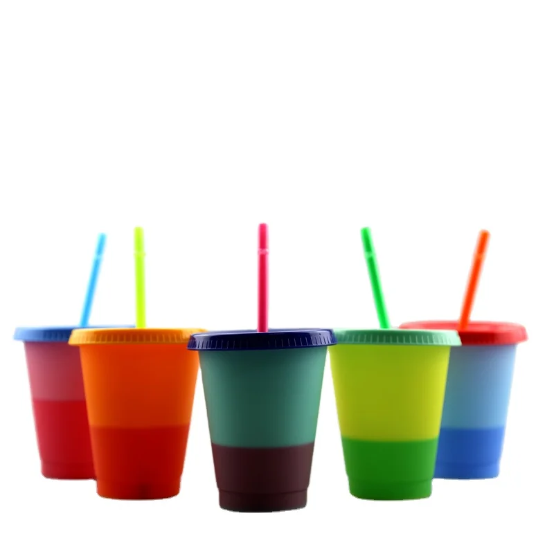 

480ml eco-friend plastic reusable sensitive temperature cold magic drinking mini size color changing cup with straw, As pic(5 colors is one set)