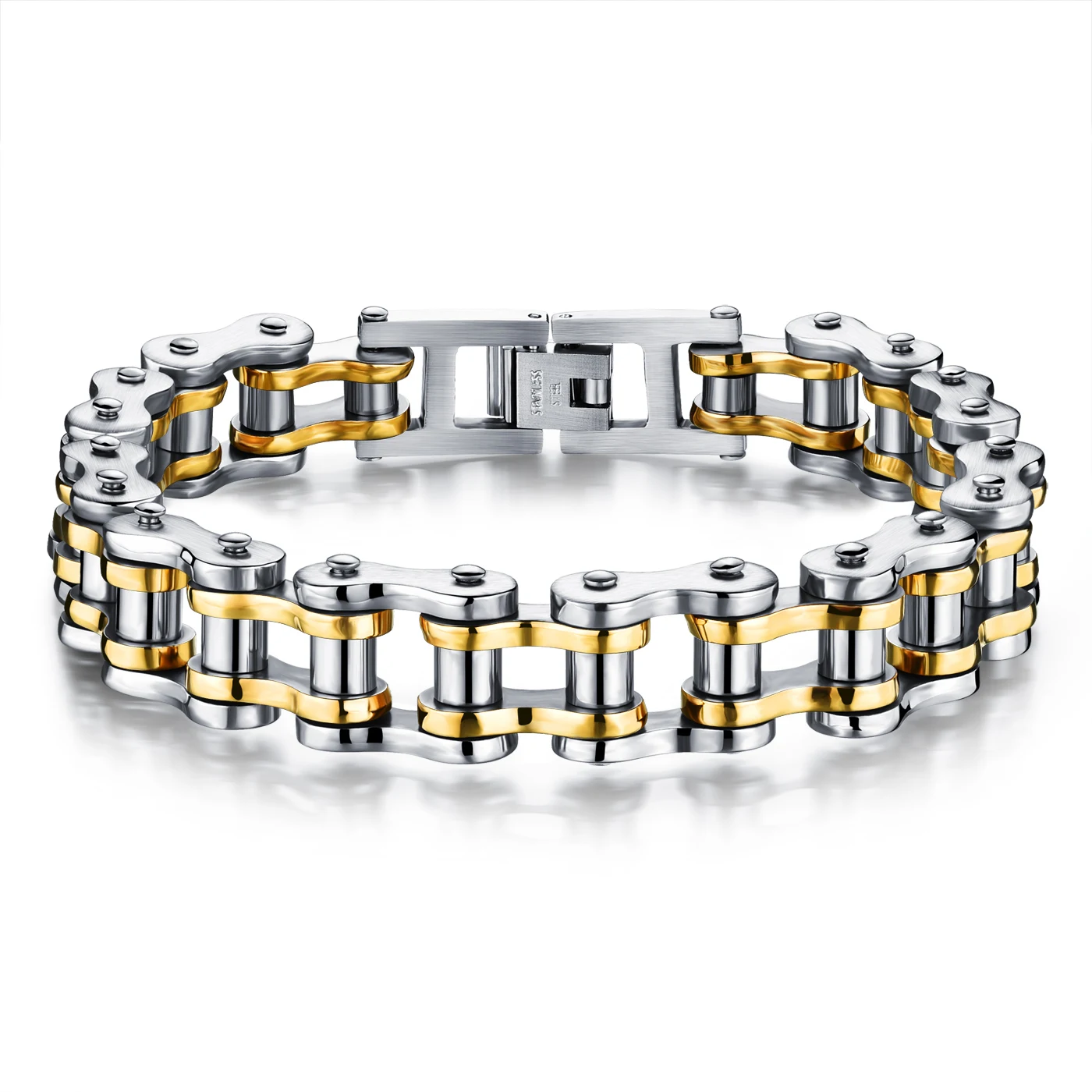 

Wholesale Stainless Steel Biker Bracelets Chunky Men's Motorcycle Chain Bracelet Wristband Bicycle Men Hand Jewelry, Silver, gold, silver & black, silver & gold