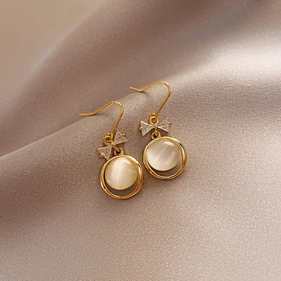 

Newest Fashion Gold Plated Round Cat Eye Bowknot Dangle Earring Dainty Geometric Cat Eye Bow Earring