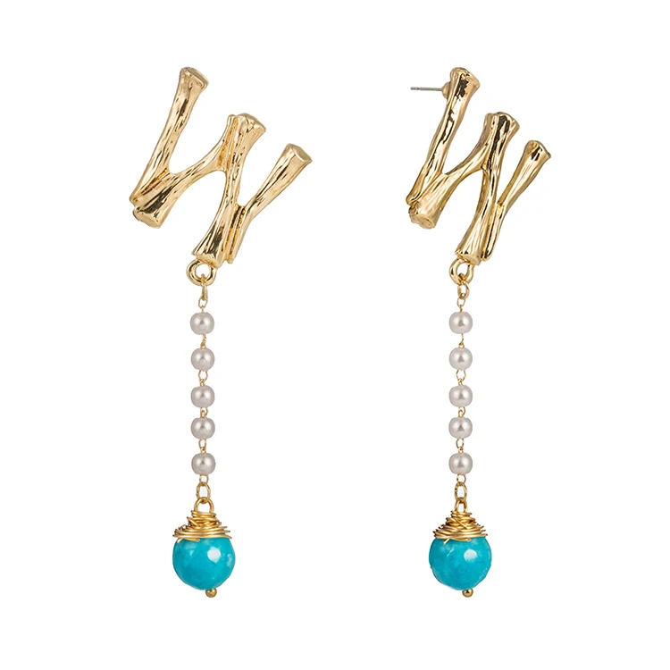 

Bohemian Long Pearl Beaded Chain Bamboo W Initial Letter Name Earrings