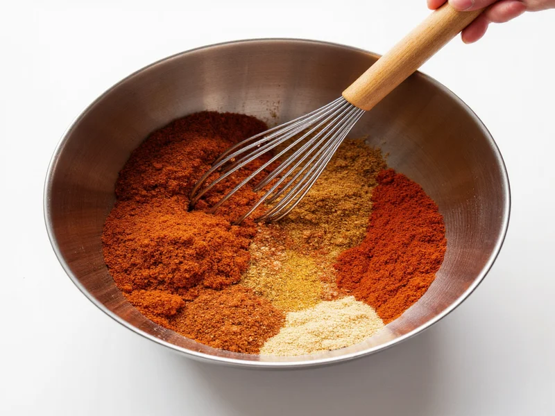 Whisking mild taco seasoning spices in stainless steel bowl