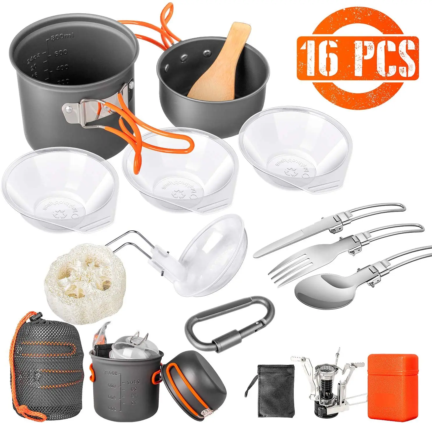 

Amazon Top Seller 2020 Mini Camping Cookware 16 PCS Set Carabiner Stove Stand Tripod Fork Knife Spoon camping stove, Orange green