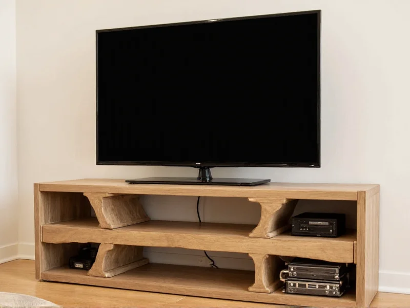Completed DIY entertainment center with TV and organized cables