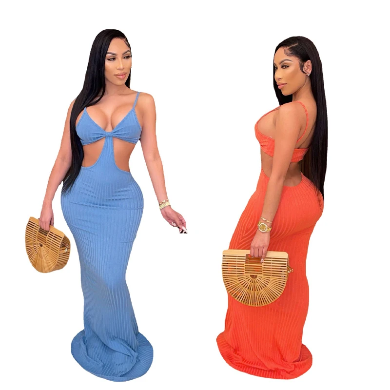 

2021 summer knitting casual cut up long dresses sexy spaghetti maxi dress club wear women