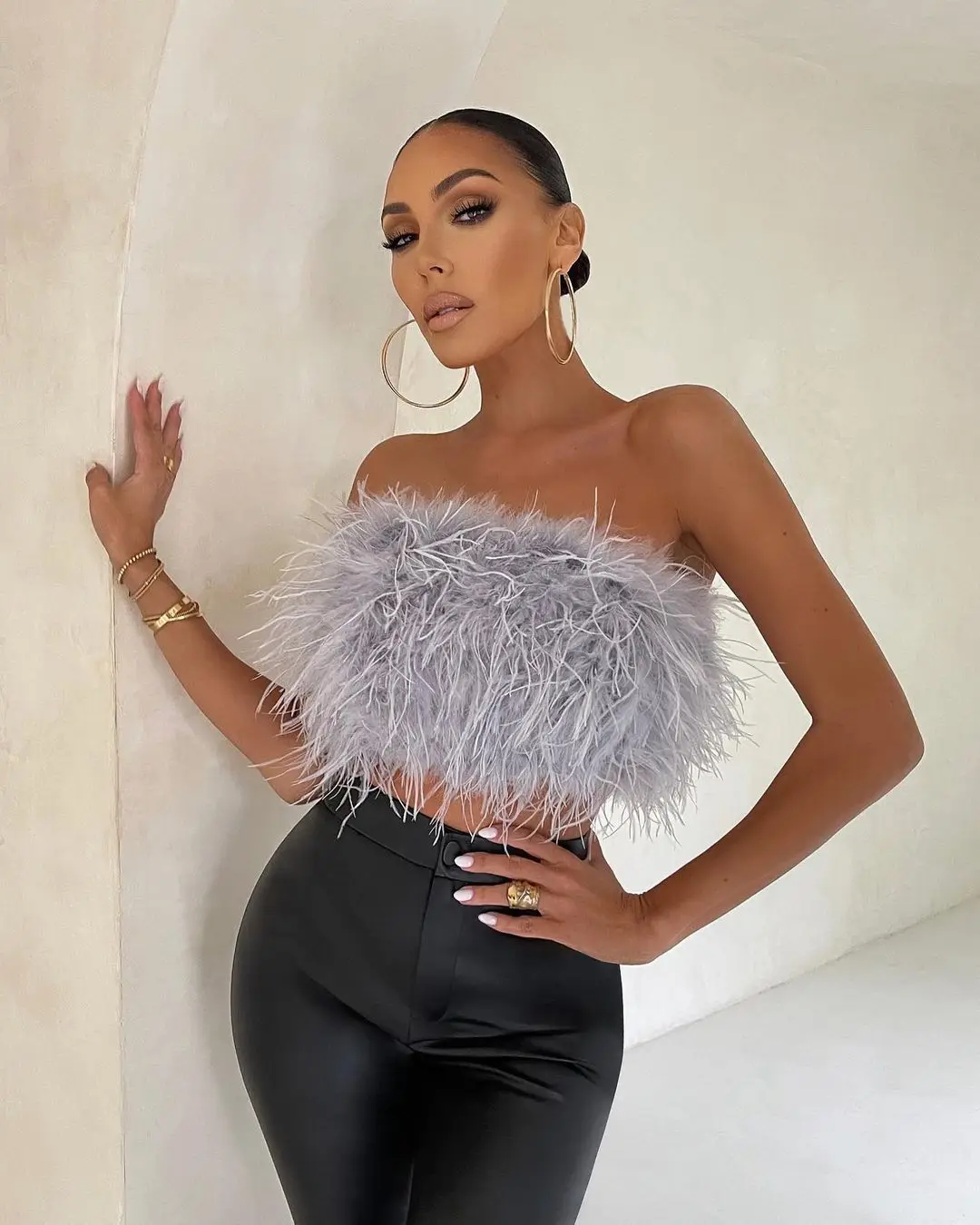 

Women Artificial Fur Feather Crop Top Vest Sleeveless Solid Color Strapless Fluffy Backless Slim Fit Tube Tops Streetwear