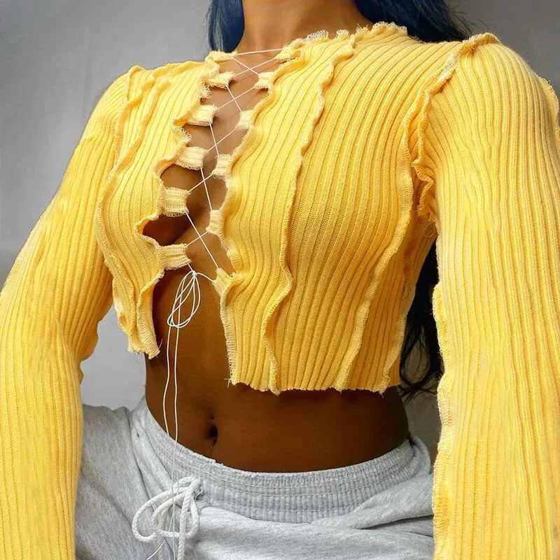 

DVACAMAN Fashion Spring 2021 New Arrivals Sexy 7 Color Patchwork Tight Long Sleeve Hollow Out Bandage Tops Shirt for Women