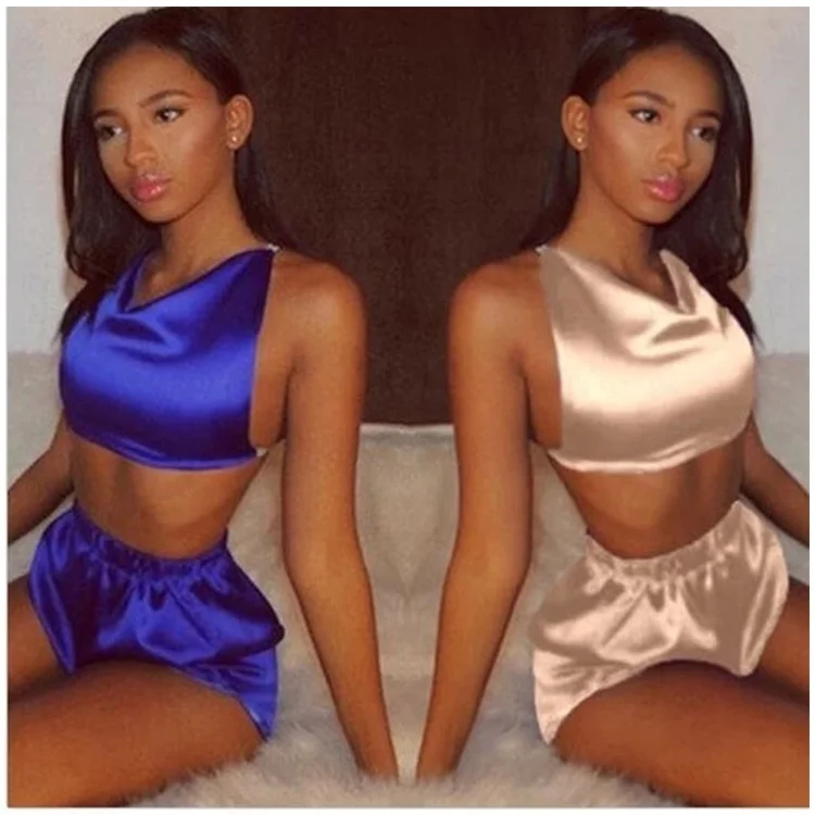 

Sexy Nighty Silk Vest Shorts Lingerie 2 Piece Sets Polyester Satin Sleep Wear Women Pajama, Champagne / blue