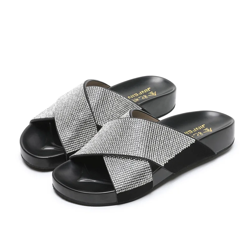 

Fashionable bohemian style women's cross-shaped sequins glittering rhinestone flat slippers sandals, Customized color