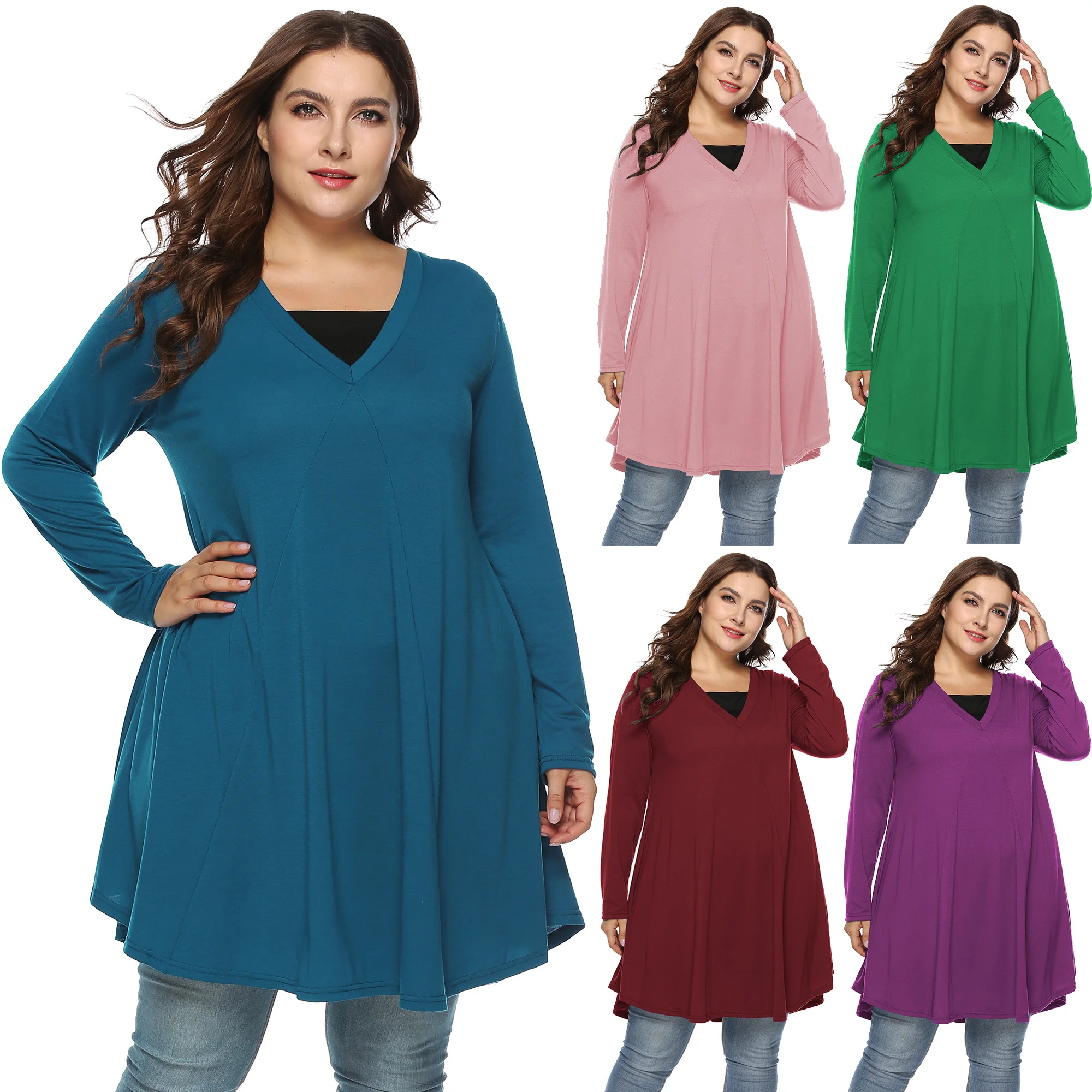 

Plus Size V Neck Long Sleeve T-shirt Clothes Women Casual Dress Skirts, 5 colors