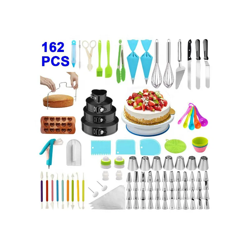 

162pcs New Arrival Custom Cake Decorating Supplies Complete Set Fondant Cake Baking Tools Kit Cake Stand Pan Silicone Mold Tips, Picture