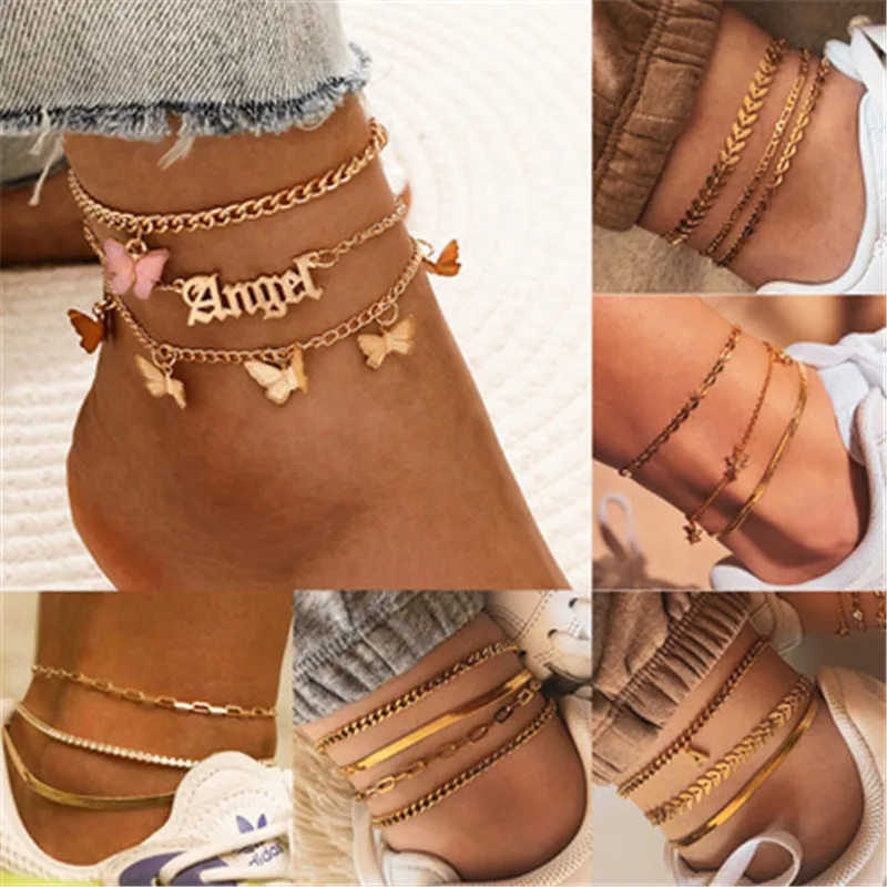 

Wholesale Layered Heart Anklets Gold Butterfly Anklet Set For Women initial anklets