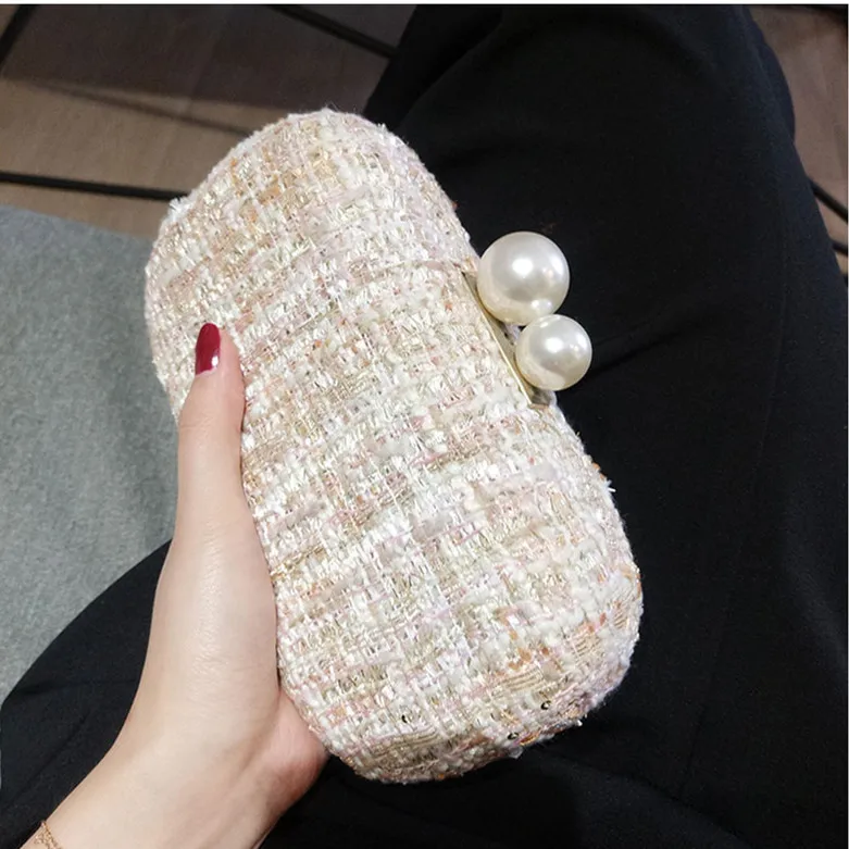 

Customized fashion design pearl bags clutch shoulder purses fancy evening sequence party bag with long chain