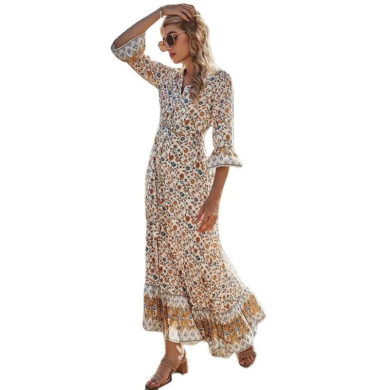 

2021 New Arrived Women's V-Neck High Waist Casual Slit Bohemian A-Line Long Dress
