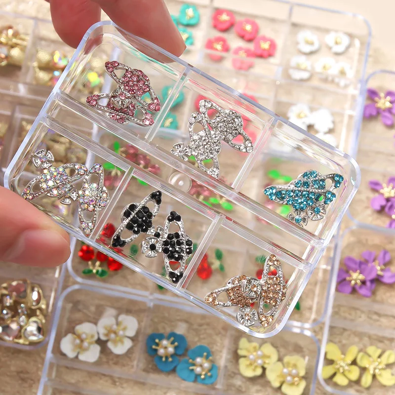 

HOT 6 Grids Alloy Jewelry Rhinestone Nail art decoration Cherry love Heart Bear Flower Planet metal alloy Nail Charms