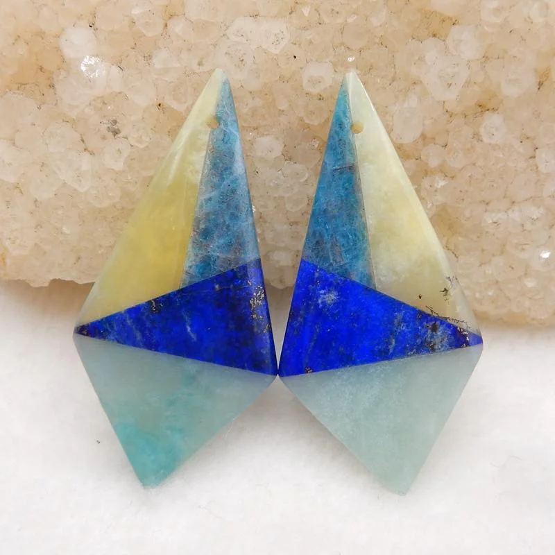 

Wholesale Yellow Opal, Lapis Lazuli, Amazonite And Blue Apatite Crystal Intarsia Gemstone Earring Bead, 39x19x5mm, 8g
