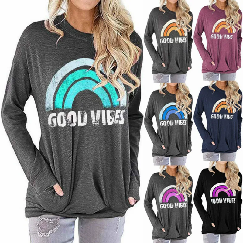 

2021 Autumn Hot Sale New Fashion Women Rainbow Letter Printed Pocket Sweatshirt Long Sleeve Round Neck Casual Loose Pullover Top