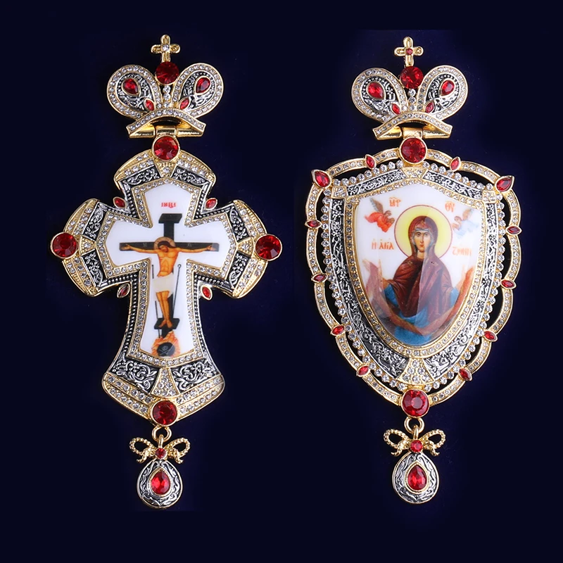 

Customized Icon New Greek Alloy Orthodox Russian Pectoral Cross White Panagia and Jesus Set Gold Necklace