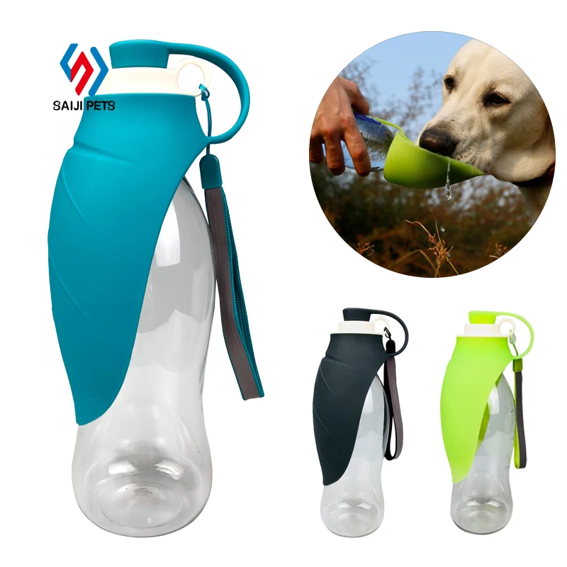 

Saiji dropshipping 580ml soft leaf shape silicone lid pet travel portable dog drinking water bottle, Blue, pink, customized color