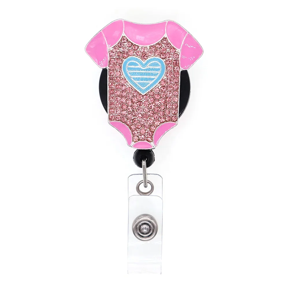 

Free Shipping Cute Blue Heart Pink Rhinestone Baby jumpsuit Shape Retractable Badge Reel Children Badge Holder, Picture