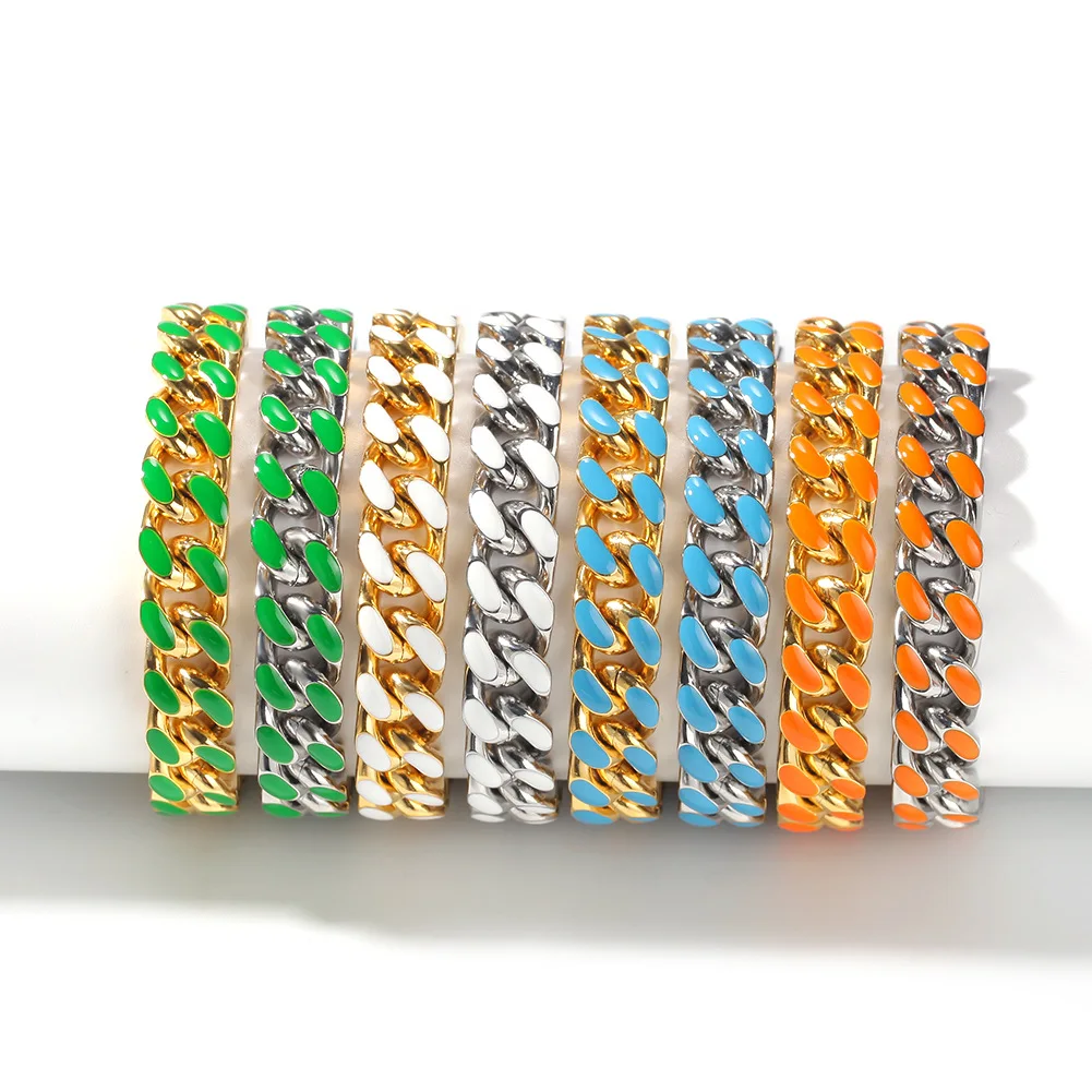 

12MM Stainless Steel Multi Colors Rainbow Oil Drip Cuban Link Chain for Men Bracelets Gifts, See picture