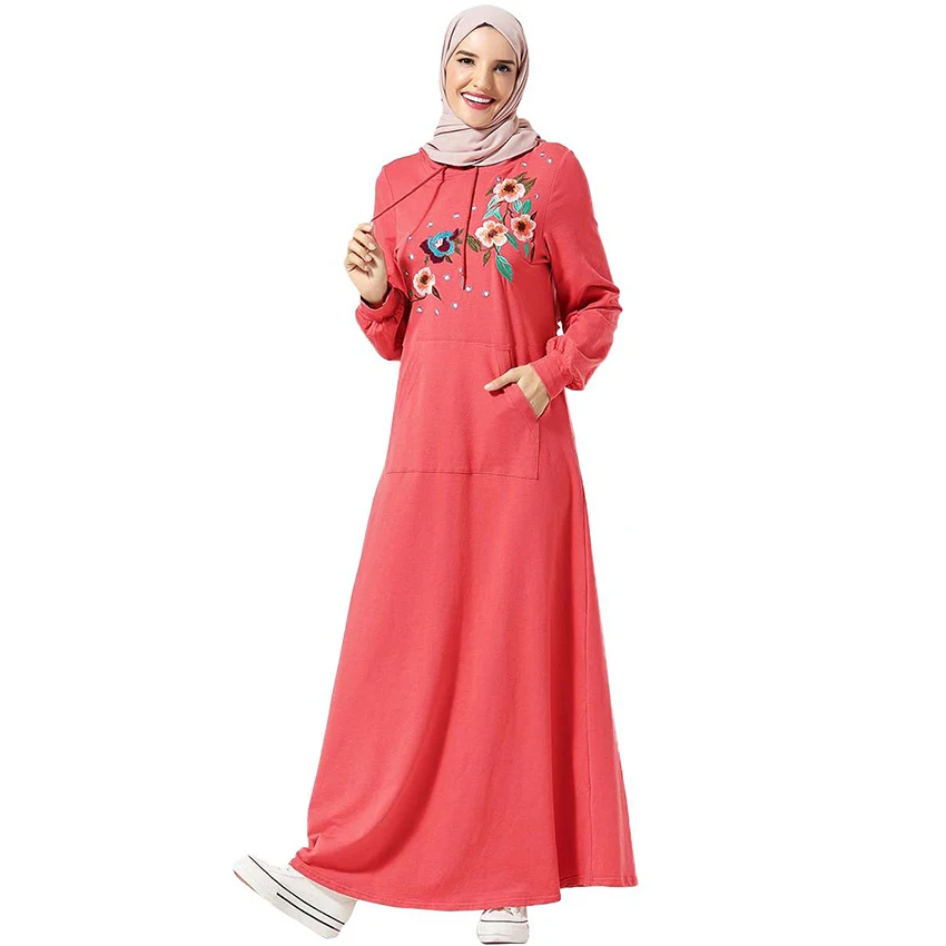 

Stylish Comfortable Hoodie Hooded Pocket Turkey Caftan Islamic Clothing Abayas For Women Embroidered Long Sleeve Arab Dress