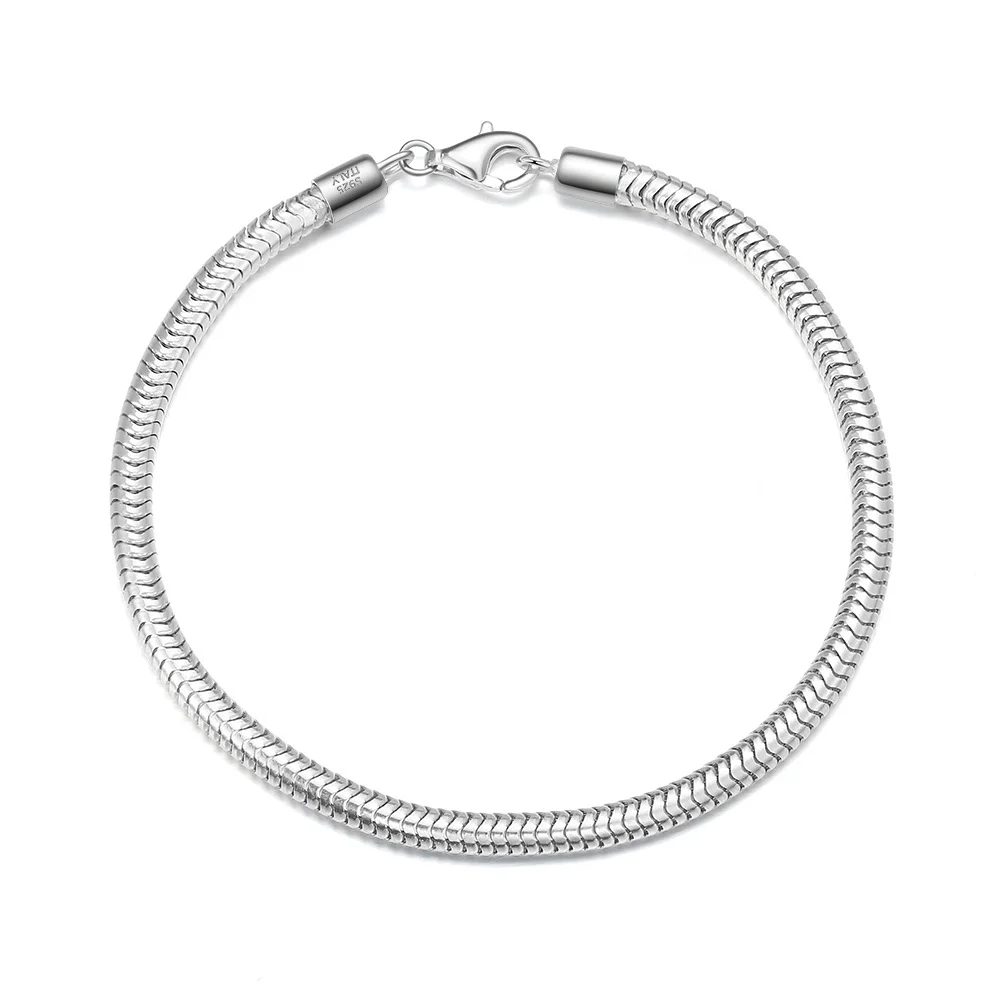 

SB100 Italian silver chain bracelets jewelry solid 925 sterling silver 3mm round snake Link Bracelet for Women men