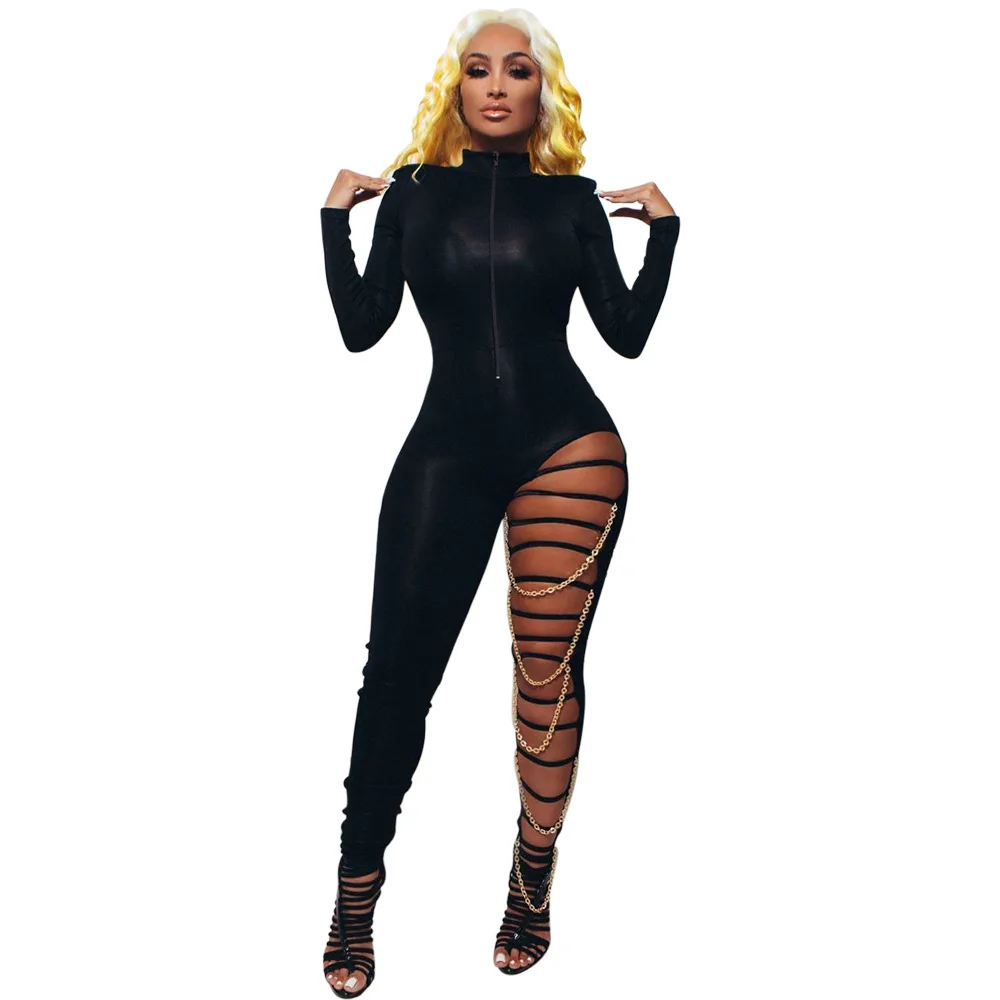 

2020 new arrivals autumn design women deep V neck ripped full length sexy jumpsuit for ladies