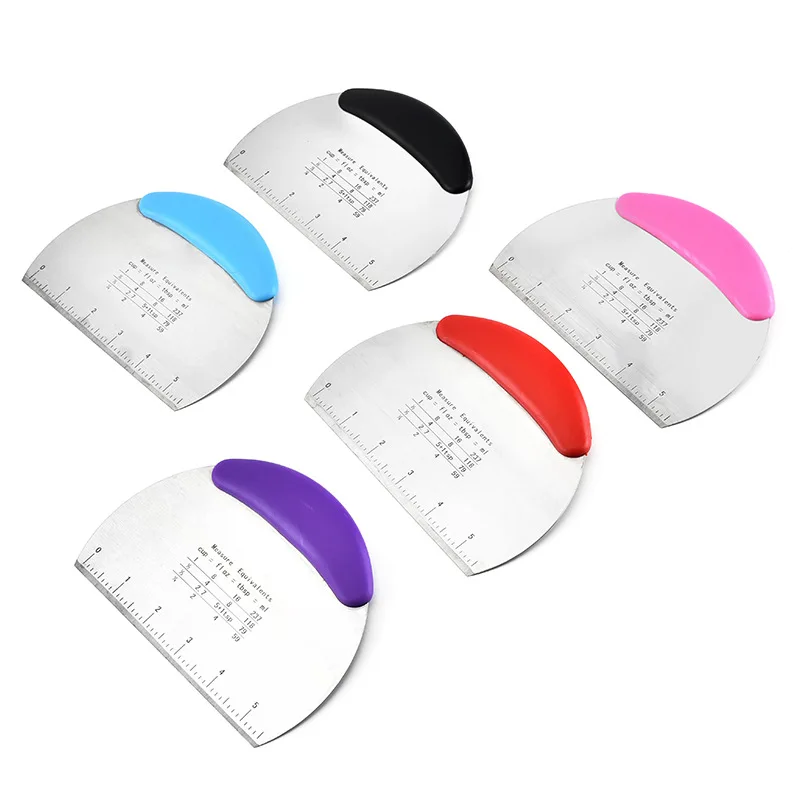 

Semi-circular Stainless Steel Kitchen Baking Cake Tools Pastry Cutter Dough Scraper With Measuring Scale and Plastic Handle, Custom color