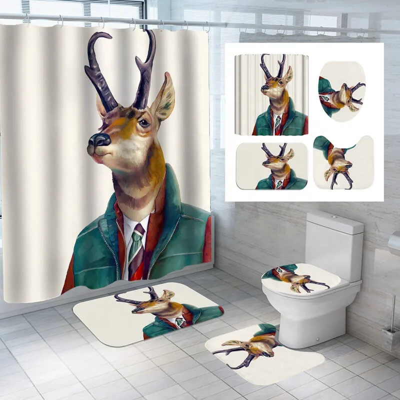 

i@home cartoon elk customized 3D digital printing waterproof shower curtain set 4 pcs for bathroom, Picture