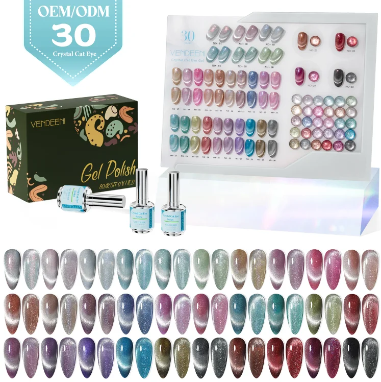 Vendeeni OEM/ODM Free Custom Private Brand Diamond Crystal Nail Gel Polish 30colors Dreamy Diamond Crystal Cat Eye Gel Polish