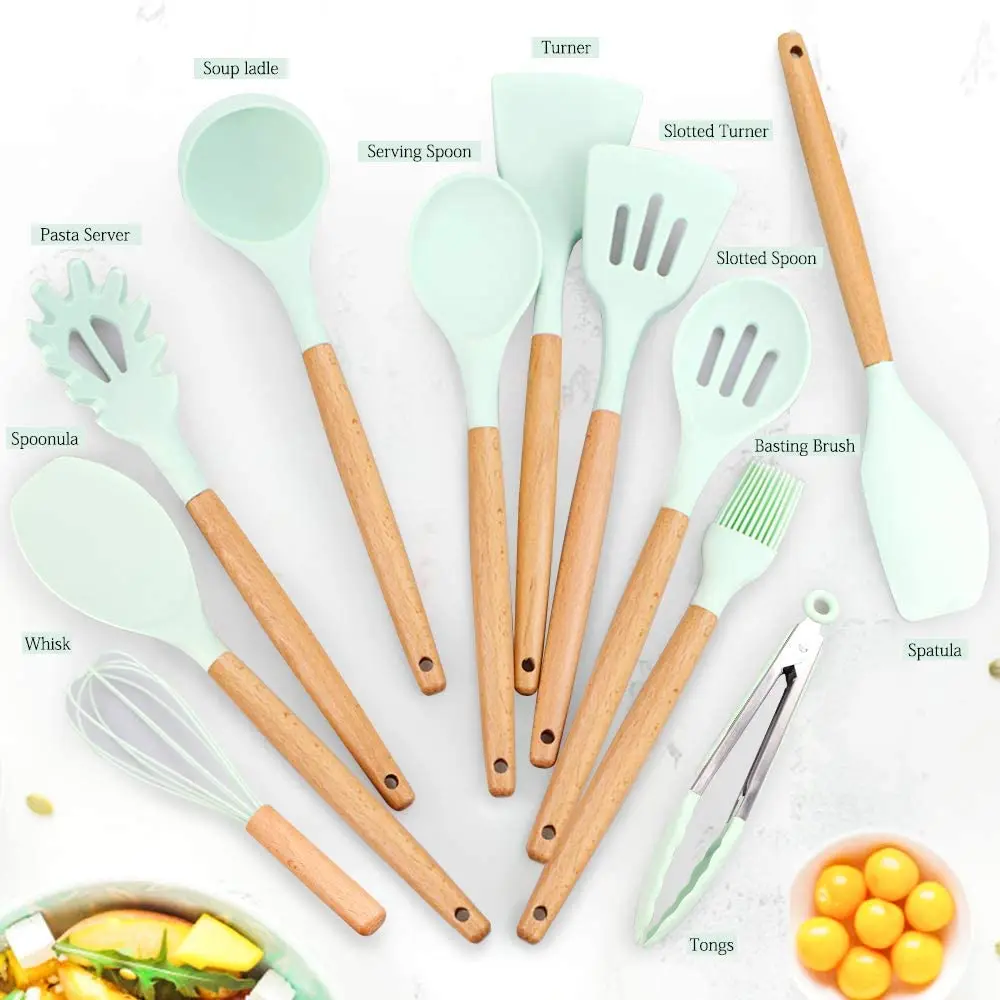 

Kitchen Tools Gift Natural Wooden Silicone Colourful Cooking Kitchen Utensils Cookware Sets, More color